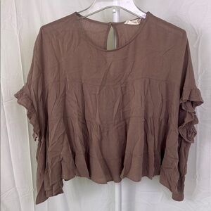 Altar’d state light brown tiered flowy ruffle oversized crop shirt size XS